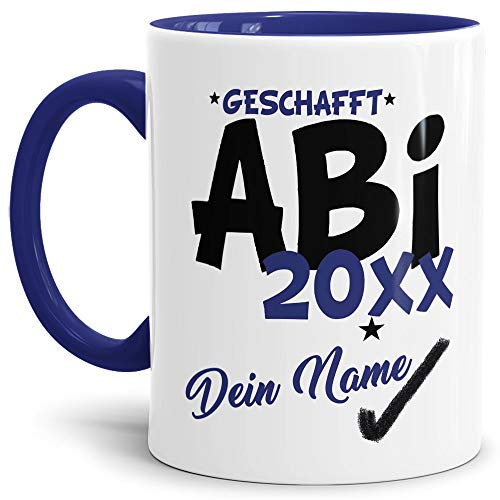 Tassendruck Abi-Tasse Geschafft Abi 20XX - Selbst gestalten mit Jahr und Name zum bestandenen Abitur/Schule/Lehrer/personalisierte Geschenk-Idee/Innen & Henkel Dunkelblau