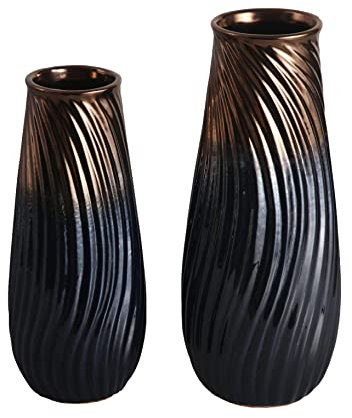 TERESA'S COLLECTIONS Gold Blau Vasen mit Fadenmuster, 2er Keramik Vase Deko für Blumen und Eukalyptus, Moderne Blumenvase für Wohnzimmer, Schlafzimmer, Küche, Büro oder als Geschenk, 24/28 cm
