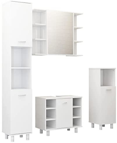 vidaXL Badmöbel Set 4-TLG. Waschbeckenunterschrank Spiegelschrank Hochschrank Midischrank Schrank Badezimmerschrank Badschrank Hochglanz-Weiß Holzwerkstoff