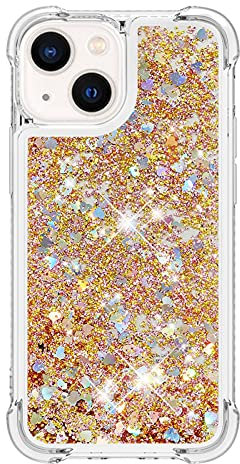 iPhone 13 Mini Case Glitter, 3D Bling Sparkle Quicksand Flowing Liquid Clear Transparent TPU Gel Silicone ShockProof Protective Phone Case for iPhone 13 Mini Cover Girls, Gold