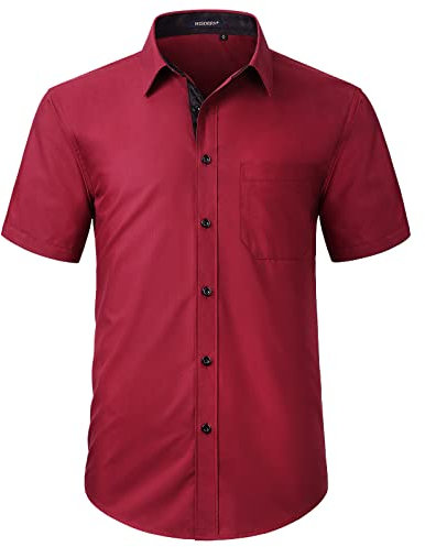 HISDERN Herren Hemd Kurzarm Freizeithemd Businesshemd Herren Rot Kurzarm Hemden Regular Fit Bügelfreies Herrenhemd mit Brusttasche,XL