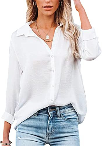 Womens Blouse Casual Long Sleeve Shirt Tops V Neck Button Down Shirts Basic Loose Tunic T Shirts (M, White)