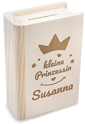 Personalisiertes Sparbuch in Buch Optik - mit Wunschgravur - Kieferholz - Naturprodukt - mit Metallschloss und Schlüssel - wiederverwendbar - Geschenkidee für Mädchen - Motiv Prinzessin
