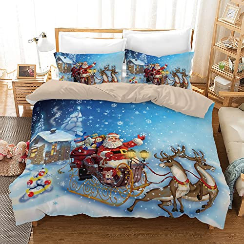 AVJWWD Weihnachten Bettwäsche Set Weihnachtsmann und Elch Schneemann Rentier Muster Bettbezug Set mit Kissenbezügen, Weihnachtsdekoration, Geschenk-Set (Blauer Schlitten, 135 x 200 cm)