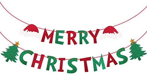 cobee Merry Christmas Wimpel Girlande,Glitzernde Frohe Weihnachten Banner, rot & grün Weihnachtsbanner Wimpelkette Wimpel Buchstaben Banner für Party hängende Ornamente Kamin Dekoration