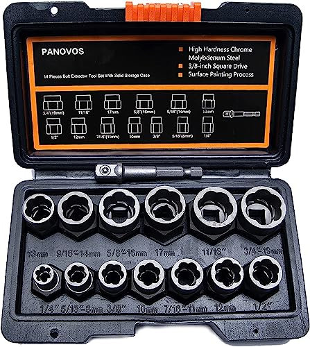 PANOVOS 14PCS Schrauben Schrauben Muttern Extraktor Sockel Set, Stripped Lug Nut Remover, Extraktion Set zum Entfernen beschädigter, gefrorener, rostiger, abgerundeter Bolzen, Muttern für Schrauben