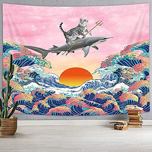 DYNH Lustige Ozean-Wandkunst, lustige Katze, die Hai auf Welle reitet, japanische Kanagawa-Welle Anime-Kunst für Schlafzimmer, rosa Weltraum, kleiner Wandbehang, 228 x 178 cm