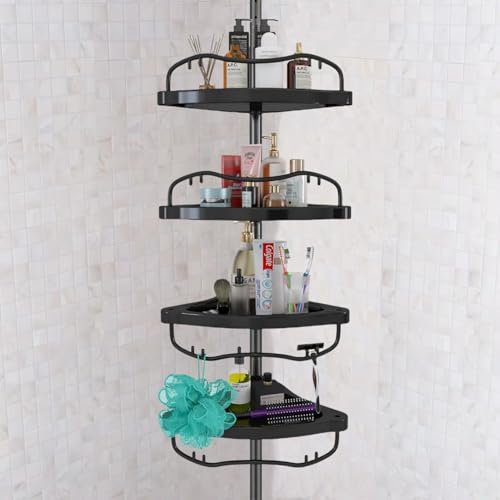 Sempicad Shower Caddy,Shower Caddy Tension Pole with 4 ABS Baskets,Shower Storage Shelf with 56 to 125 Inch Adjustable Stainless Pole for Bathroom Black