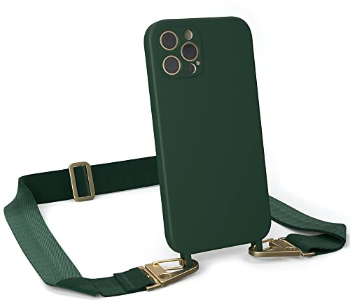 EAZY CASE - Hülle mit Band kompatibel mit iPhone 12 Pro Handyhülle mit Umhängeband Silikonhülle Schwarz Handykette zum Umhängen Handykordel Schutzhülle für Smartphone in Pinien Grün - Clips Gold