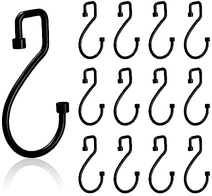 12 ganchos en forma de S para cortina de ducha, de metal, para baño, cocina, dormitorio, color negro