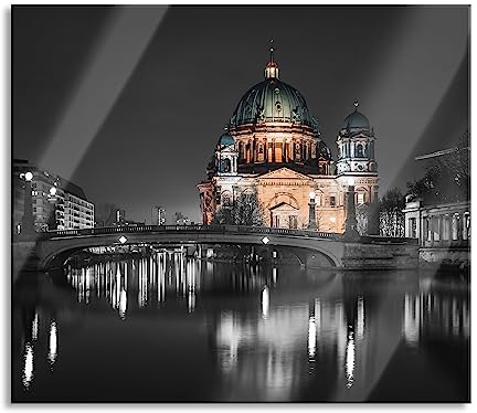 Berliner Dom an der Spree bei Nacht B&W Detail Herdabdeckplatte & Spritzschutz aus Echtglas | Für Herd-Kochfelder | 60x52 cm
