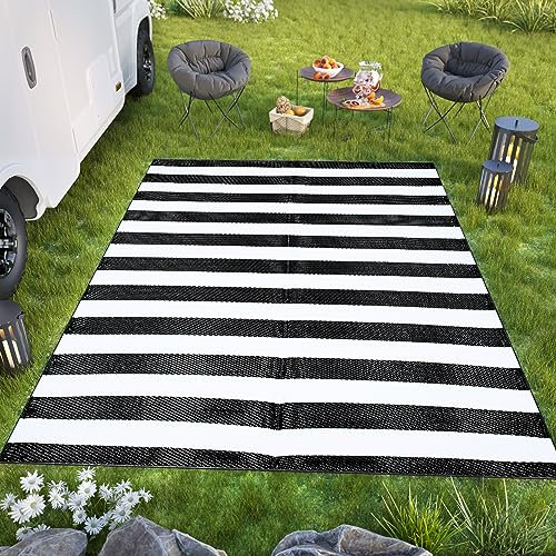 TAPISO Ibiza Teppich Outdoor Zweiseitig Wendbar Wasserdicht Resistent Streifen Zebra Weiß Schwarz Picknick Strand Garten ÖKO-TEX 180 x 270 cm