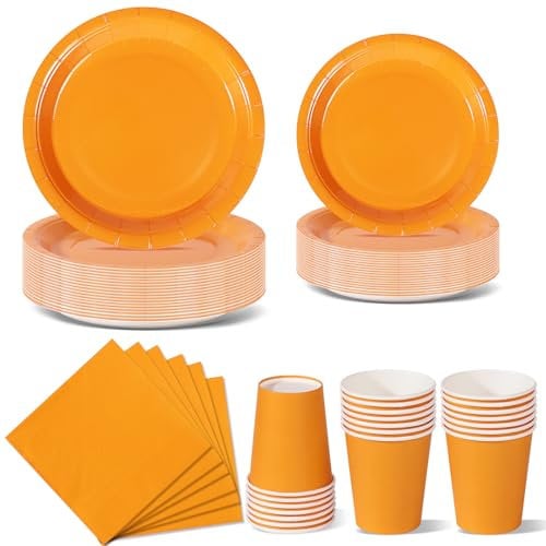 Nkaiso 96 Piezas Naranja Vajilla Fiesta Cumpleaños, Platos y Vaso Cumpleaños Infantil, Set de Party Decoración Platos Desechable Servilletas para Navidad, Barbacoas, Fiestas -24 Invitado