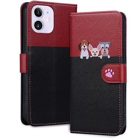 Tiyoo Lovely & Cute Flip Wallet Phone Case for iphone 12 mini with Cartoon Cat&Dog Pattern,Premium Magnetic PU+TPU Leather for high protection Phone Cover for iphone 12mini(Black Red)
