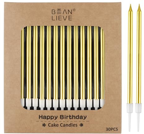 BEAN LIEVE 30 Stück Lange Dünne Metallic Geburtstagskerzen Kuchen Kerzen Geburtstag Party Hochzeit Dekorationen Party Kerzen Kuchen Dekorationen (Gold)
