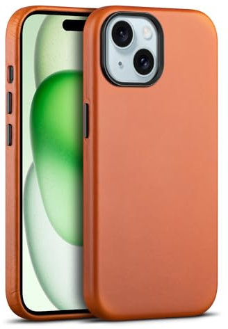maogoam for iPhone 15 Plus Case Leather, Genuine Vegetable-Tanned Leather Case for iPhone 15 Plus 6.7,Compatible with MagSafe, Elegant Style, Orange