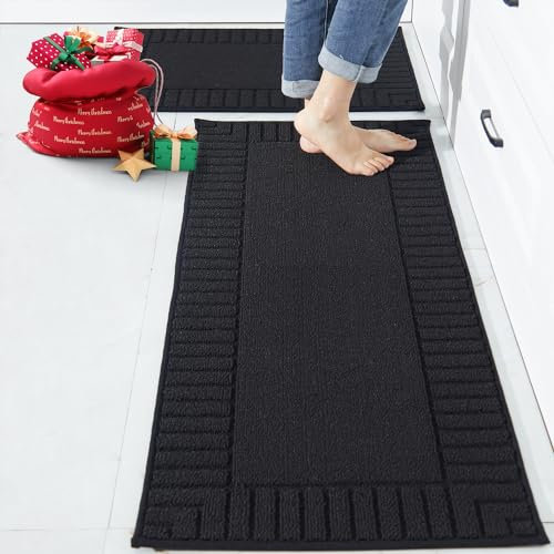 BEQHAUSE Küchenläufer 2 Stück Küche Teppiche waschbar Küche Matten Boden Anti-Rutsch-Küche Matten saugfähig Teppich küche mit TPR Anti-Rutsch Backing(50X76cm+50X122cm,Schwarz)
