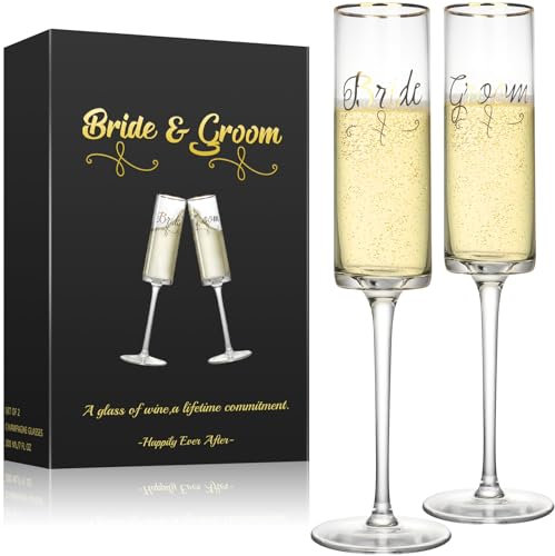 Qulable Set of 2 Champagne Flutes - Bride & Groom - Engagement Gifts, Wedding Gifts for Couples - 200ml, Elegant Glasses for Champagne, Prosecco, Valentine's Day, Wedding, Birthday (Bride & Groom)