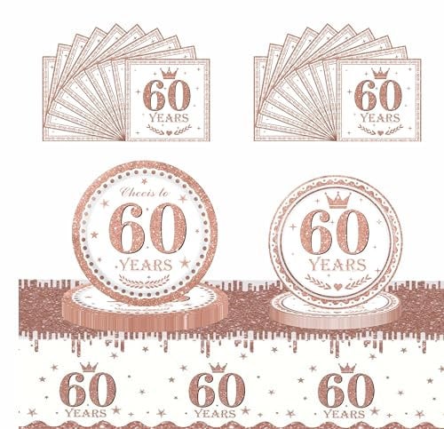 53Pcs Rose Gold 60th Happy Birthday Party Tableware Decorations for Her Plastic Table Cloth,7,9inch Paper Plates,Napkins for Women Birthday Table Party Tableware Set for Girls Women Adults