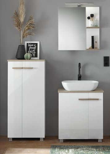 Furn.Design Badmöbel Set stehend/hängend in weiß Hochglanz Lack und Eiche Badkombination Waschbeckenunterschrank MIT Waschbecken, Spiegel und Kommode 130 x 200 cm Dense (Weiß, Set 4)
