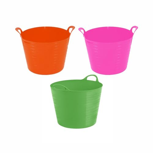 Set of 3-26l Litre Flexi Tub Medium Size Bucket Storage Container Basket Flexible Trug Colourful Planter Rubber Flexi Round Tub For Home Garden MADE IN U.K (Orange, Lime Green & Pink)