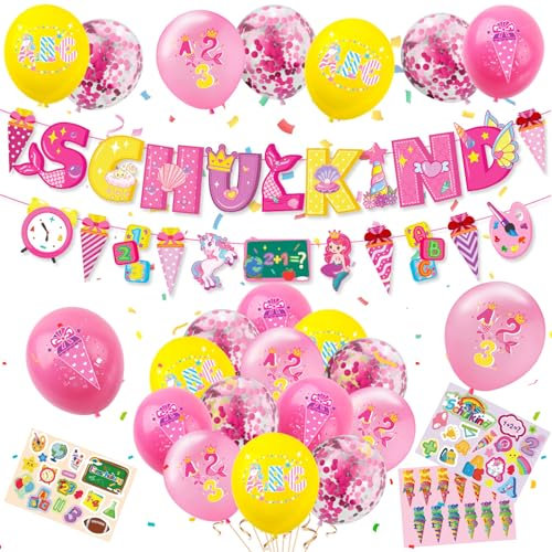 Einschulung Deko Mädchen,Einschulung Schuleinführung,Schuleinführung Schulanfang Deko Set,Schuleinführung Luftballon mit ABC 123 motiv,Latex Luftballon und Rosa Schulkind Banner,Einschulungsdeko