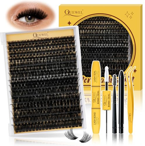 QUEWEL 300 PCS Kit Extension Cils, Extension Cils 10 à 20 mm avec colle à cils et joint, imperméable, Pince Faux Cils et brosse à cils pour une utilisation à la maison (Dense01-KIT)