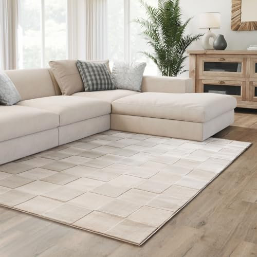Interiyou Teppich Wohnzimmer Cannes - 160x230 cm Creme - Für Schlafzimmer, Esszimmer, Kinderzimmer - Kurzflorteppich skandinavisches Boho Muster - Hoch-Tief Effekt - Flach mit Geometrischem Muster