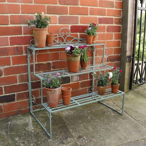 Melody Maison Sage Green Metal Three Tier Plant Theatre Stand
