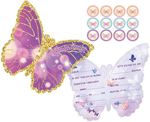 Olanstar 12 Schmetterling Einladungskarten für Kindergeburtstag, 13.7 x 10.5 cm, Schmetterlingen Einladungskarten für Mädchen und Jungen, perfekt für Kinderpartys und Geburtstagsfeiern