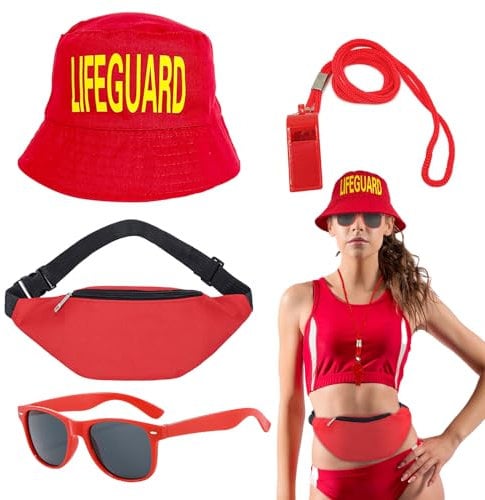 UILYNIU 4 Stück Lifeguard Fasching Kostüm Herren Damen, Rot Baywatch Fischerhüte Sonnenbrille Sportpfeifen Hüfttasche, Bademeister Kostüm für Rettungsschwimmer Erwachsener Halloween Karneval (4PCS)