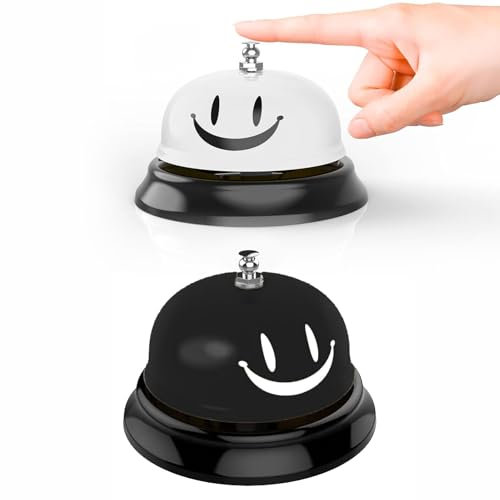 Lot de 2 cloches de table - Cloches de réception en métal - Cloches smiley avec sonnettes croquantes - Pour hôtel, service, restaurant, cuisine, bar, animal de compagnie - Blanc et noir - 7,5 x 6,5 cm