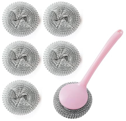 6 Pieces of Steel Wool, 1 Piece with Pink Long Handle, Kettle Descaling Ball, Kettle Descaling Steel Ball, Stainless Steel Ball, Cleaning Ball, Pot Brush, Pot Brush with Handle