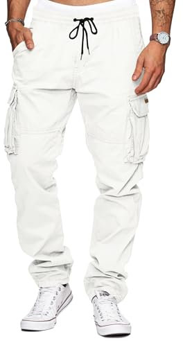 TARAINYA Cargohose Herren Baumwolle Baggy Hosen Stretch Outdoorhose mit Kordelzug und Taschen Weiß L