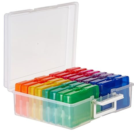 MATANA - 2 Multi-Coloured Plastic Photo Storage Boxes 6x4 Organisers, Includes 32 Cases & Labels - Great for 2000+ Family Photos, Hobbies, Arts & Crafts, Stationary, Toys, Gardening & Seeds