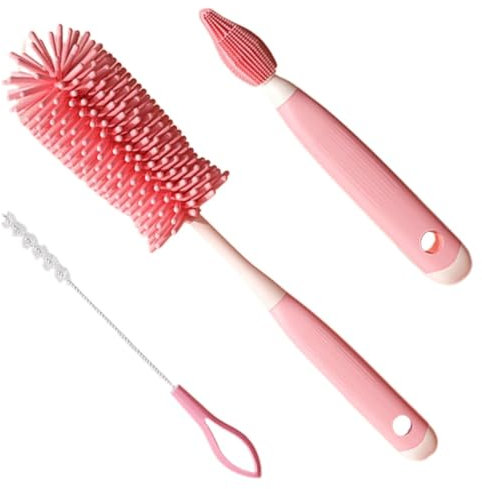 Goupillon Biberon Silicone,3 en 1 Nettoyage Biberon Brosse,Goupillon Biberon et Tétine pour Toutes Les Tailles de Biberons,sans BPA Durable et sans Rayures(rose)