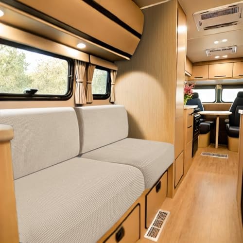SYLC Bezüge Für Wohnwagenpolster Jacquard, rutschfeste Wohnmobil Sitzbezüge Mit 2 Cord, Sofa Sitzkissenbezug Für Schonbezug Wohnwagen Polster (Beige,Breite 160-195 cm, Tiefe 60-90 cm)