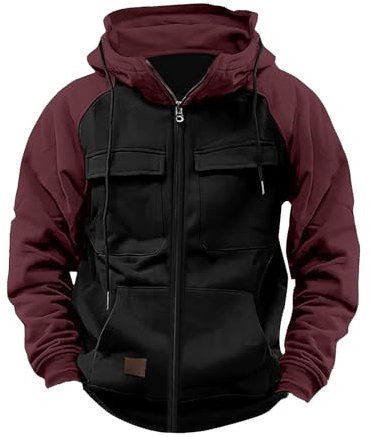 YCBMINGCAN Cargo Jacke Fall Hoodie Herren Einfarbig Langarm Sweatjacke Mit Reißverschluss Kapuzenpullover Loose Fit Tops Herren Zip Up Hoodies Männer Leicht Kapuzenjacke Outdoor (Black #2, XXXL)