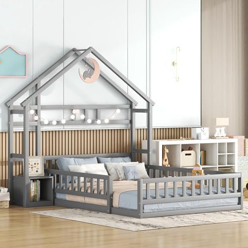 Kinderbett Bodenbett Doppelbett 140x200 cm mit Nachttischen&Sicherheitsgitter&Lattenrost&Dach, Montessori Bett Bed Gitterbett Hausbett Holzbett Bettgestell Jugendbett, Kiefernholz, Ohne Matratze, Grau