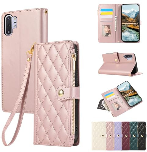 Vaitasy Coque pour Samsung Galaxy Note 10 Plus Flip Cuir PU Fermeture éclair Étui de Protection pour Galaxy Note 10 Plus Housse avec Magnétique Fonction Stand Or Rose