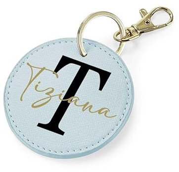 Mr. Gadgets Portachiavi Eco Pelle Personalizzabile con Nome - e Lettera Maiuscola (Tondo, Celeste)