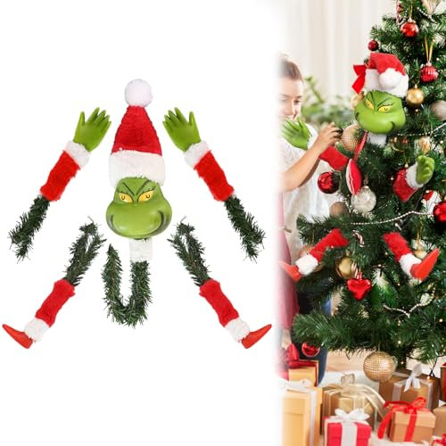 Green Monster Christmas Tree Topper Decorations, Elf Head Arms and Legs Hanging Tree Decor, Home Xmas Ornaments