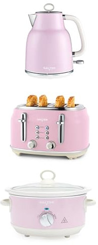 Salter Retro Kettle, Toaster & Slow Cooker Set – 4-Slice Toaster, 6 Browning Levels, 1.7L Rapid Boil Kettle, 3.5L Electric Slow Cooker, Dishwasher Safe Ceramic Pot, 3 Heat Settings, Pink, COMBO-9507