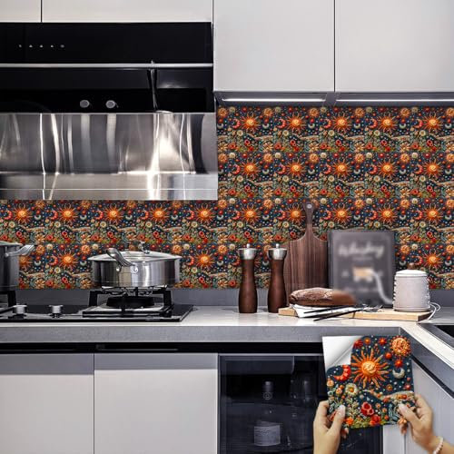 Fliesenaufkleber Sonne Und Mond Pvc Klebefliesen Küche,Wasserfest Klebefliesen Fliesenaufkleber Bad,Diy Selbstklebende Fliesen Für Bad & Küche,Küchenrückwand Selbstklebend 10 Stück(20x20cm)