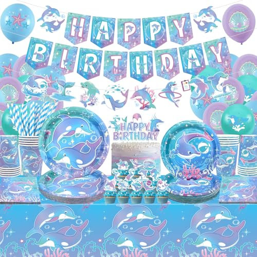 Delfin Party Dekorationen, einschließlich Banner, Teller, Cupcake-Topper, Servietten, Tassen, Tischdecken, für Delfin Themen Geburtstag, Babyparty, Partyzubehör (Banner)