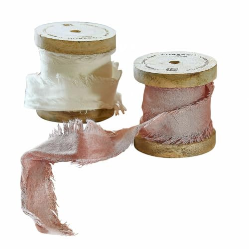 Loberon Band 2er Set Valethor, rosa/weiß | mit Feinem Fransenrand, je 10 m lang, Geschenkband, Geschenkverpackung, Baumwolle, Mangoholz