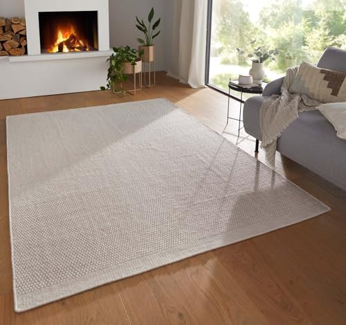 Taracarpet Moderner Boho Skandi Kurzflor Wollteppich Ethno Flachgewebe Kelim Teppich handgewebt Dhurry weiß Creme 300x400 cm