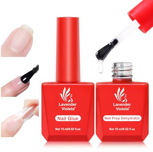 Lavender Violets Nail Glue Gel & Prep Dehydrator Set 15ml 2 in 1 Kit for Gel Nails, Acrylic Extensions - Strong Adhesive with UV Light Cure & Quick Dry Primer A107A111