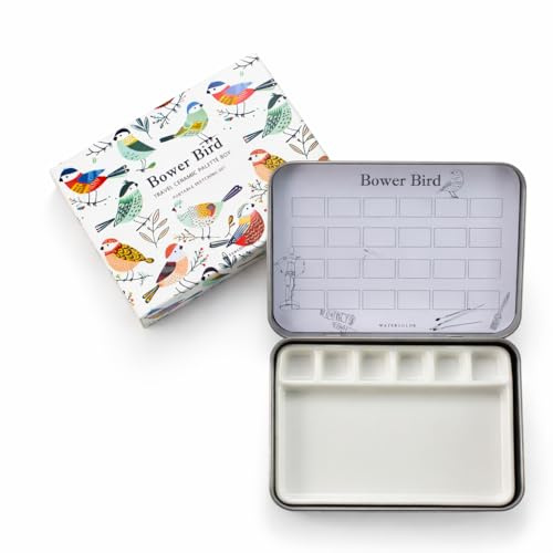 Bower Bird Travel Ceramic Watercolor Palette with 12-Well Porcelain Mixing Tray & Metal Tin Box - Portable Art Kit for Gouache, Studio & Outdoor Painting (6Well)