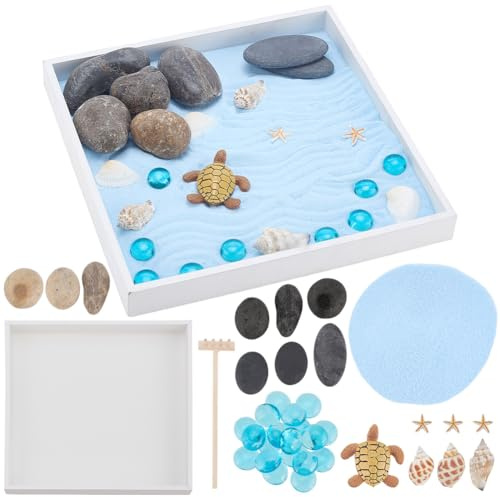 WEBEEDY Meeresschildkröten Zen Garten Set Für Schreibtisch Japanisches Zen Garten Set Mini Schreibtisch Dekor Mit Holztablett Sand Werkzeuge Für Das Homeoffice Geschenk Quadrat(20x20cm)